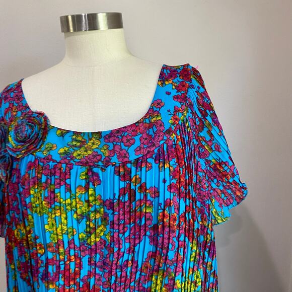 New Directions Blue Floral A Line Turquoise Pleated Midi Short Sleeve Dress 20W - Picture 11 of 11